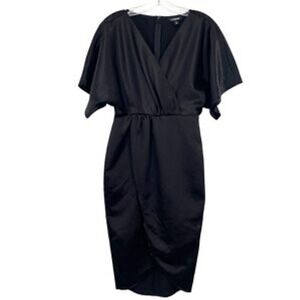 Express Black Satin Wrap V-Neck Kimono Sleeve Tulip Midi Dress Small NWT